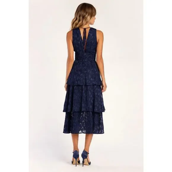 Lulu’s Make It Mesmerizing Navy Blue Jacquard Tiered Midi Dress, XS - Picture 8 of 8